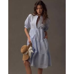 English Factory Puff-Sleeve Tiered blue stripe Midi Dress